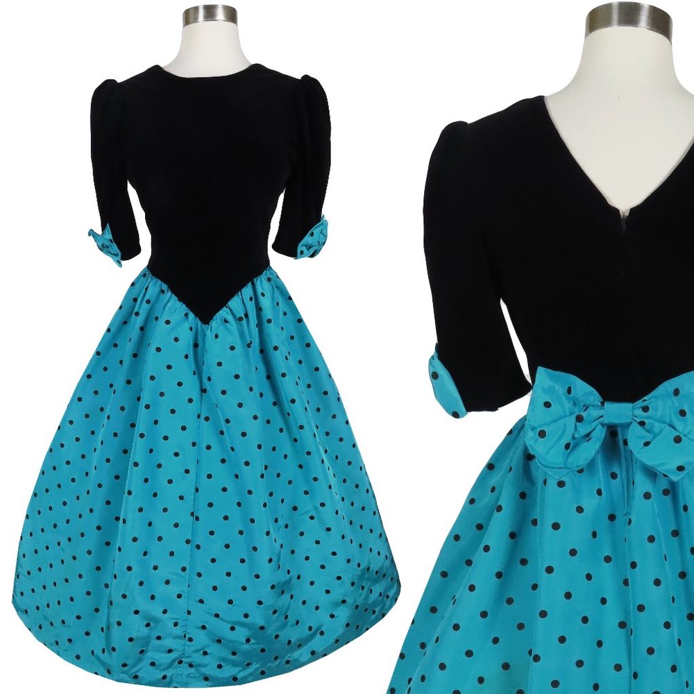 Vintage 80s Blue Green Black Polka Dot Velveteen Full Skirt Prom Party Dress S M